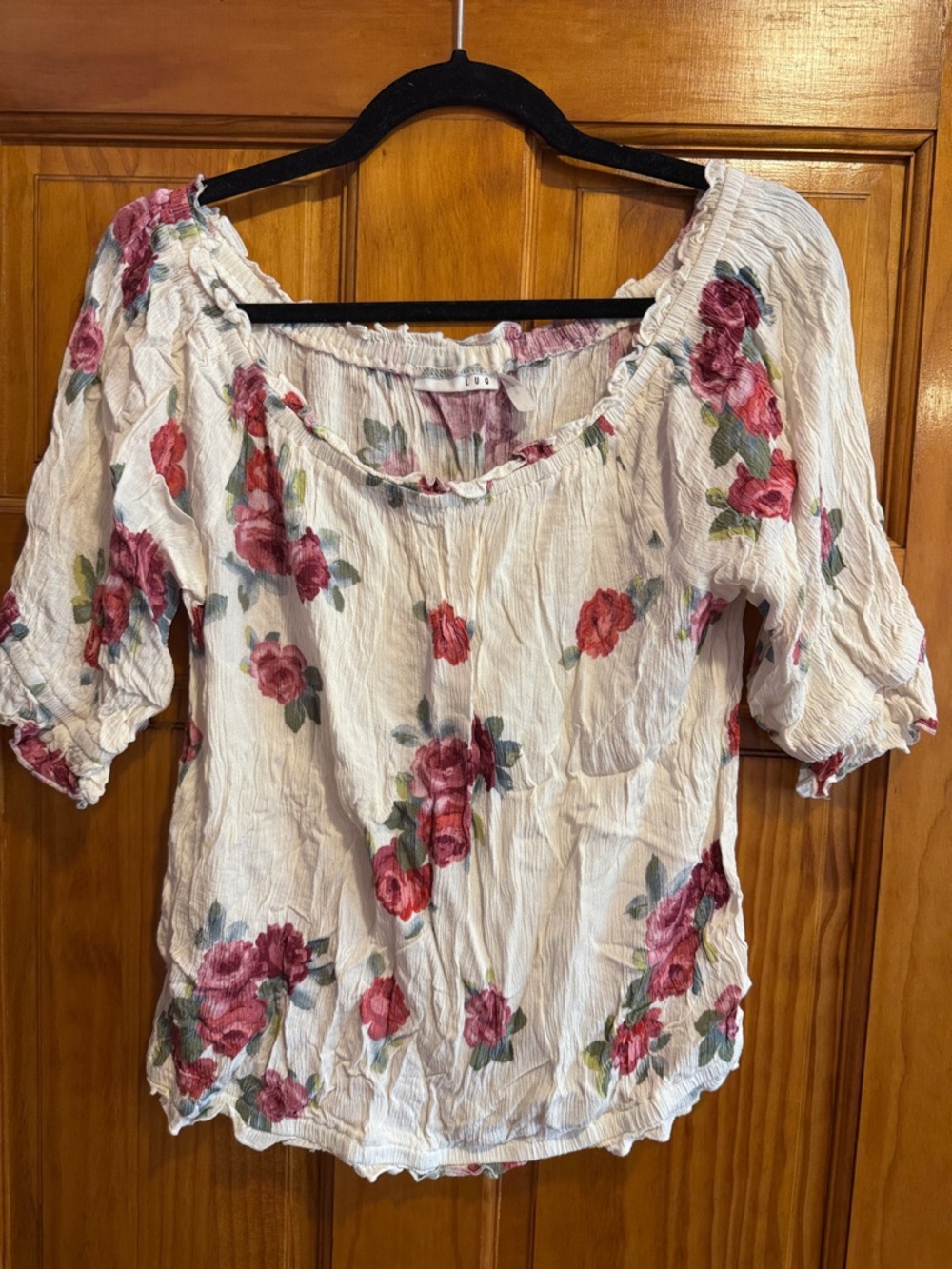 Women's White Floral Scoop-Neck/off-the-shoulder Blouse with Pink Rose Print